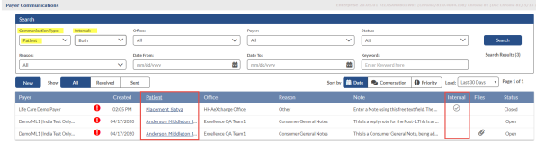 In the Message Center, message data displays in the table at bottom, referencing Patient names, notes, and internal indication.